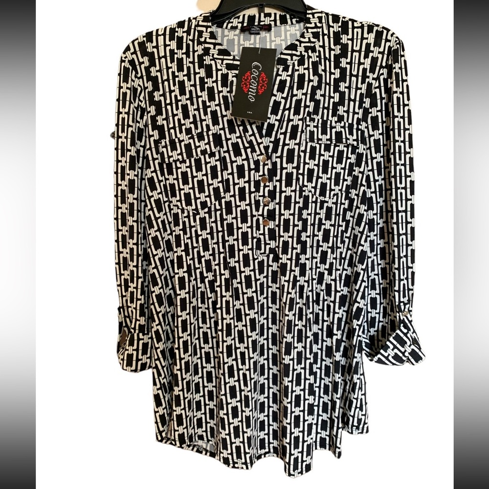 COCOMO XL Black White 3/4 sleeve women’s Pintuck Blouse tunic top shirt - Picture 3 of 15